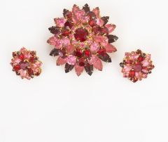 Stunning Pink and Red Stacked Rhinestone Brooch & Matching Earrings