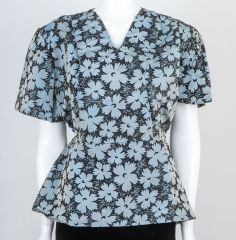 1950s Blue Daisy Print Flocked Blouse